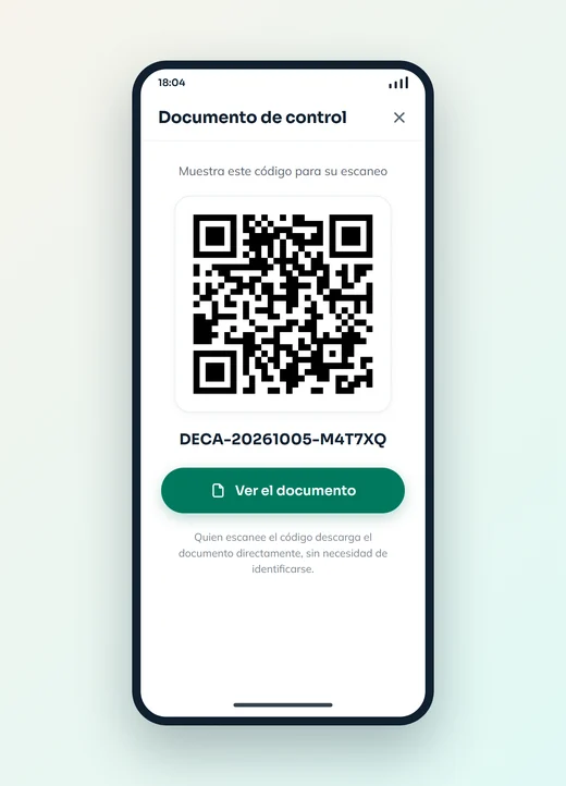 Pantalla de móvil con el documento de control: su código QR, la referencia DECA-20261005-M4T7XQ y el aviso de que quien lo escanee descarga el documento sin identificarse